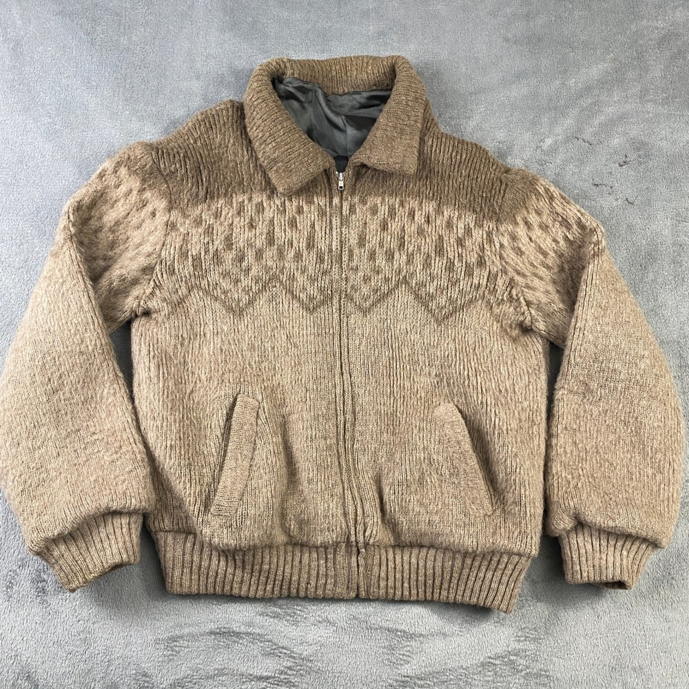 Womens Bomber Jacket L Wool Blend Brown Chunky Fair Isle Zip Up Coat Cottagecore